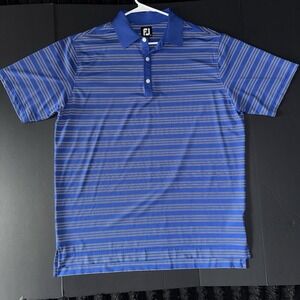 Men's Large FootJoy Blue White Black Striped Golf Polo Shirt Logo Short Sleeve